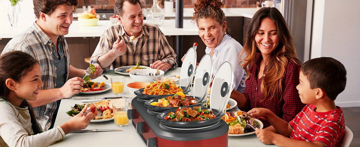 Triple Slow Cooker 3 x 1.5QT with Ceramic Pots and Glass Lids, 3 Cooking Settings, Buffet Server and Warmer for Parties and Family Gatherings