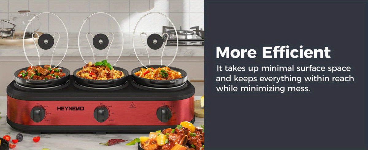 Triple Slow Cooker 3 x 1.5QT with Ceramic Pots and Glass Lids, 3 Cooking Settings, Buffet Server and Warmer for Parties and Family Gatherings