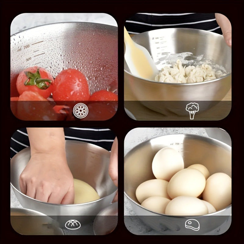 Mixing Bowls with Measuring Marks, Three-Piece Polished Stainless Steel Set in Small, Medium and Large Sizes for Baking, Salad Mixing and Kitchen Prep
