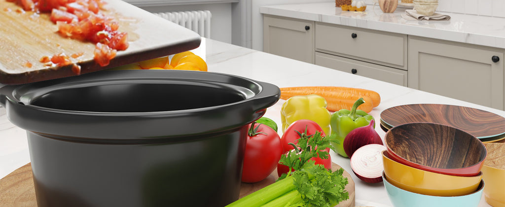 Dual Pot Slow Cooker by RoyalCraft with Two Listed 1.25QT Ceramic Pots, Adjustable Temperature Buffet Server and Warmer in Black, Silvery or Red for Home Hosting