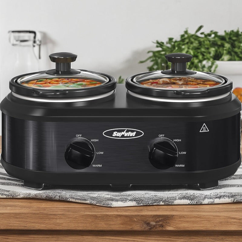 Dual Pot Slow Cooker by RoyalCraft with Two Listed 1.25QT Ceramic Pots, Adjustable Temperature Buffet Server and Warmer in Black, Silvery or Red for Home Hosting