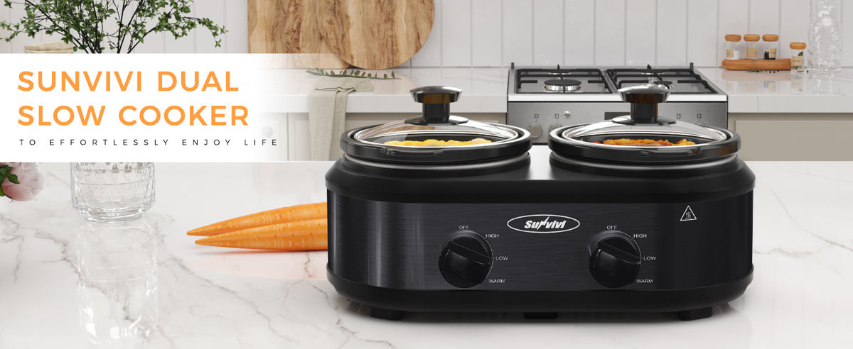 Dual Pot Slow Cooker by RoyalCraft with Two Listed 1.25QT Ceramic Pots, Adjustable Temperature Buffet Server and Warmer in Black, Silvery or Red for Home Hosting