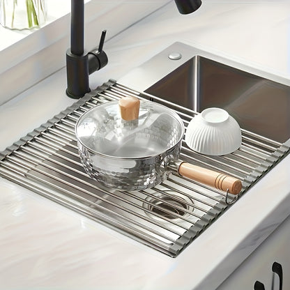 Roll-Up Dish Drying Rack, Stainless Steel Over-the-Sink Draining Mat in Black or Gray, Single-Piece Rollable Kitchen Rack for Tableware and Fruit