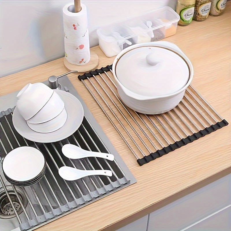 Roll-Up Dish Drying Rack, Stainless Steel Over-the-Sink Draining Mat in Black or Gray, Single-Piece Rollable Kitchen Rack for Tableware and Fruit