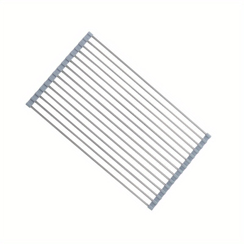 Roll-Up Dish Drying Rack, Stainless Steel Over-the-Sink Draining Mat in Black or Gray, Single-Piece Rollable Kitchen Rack for Tableware and Fruit