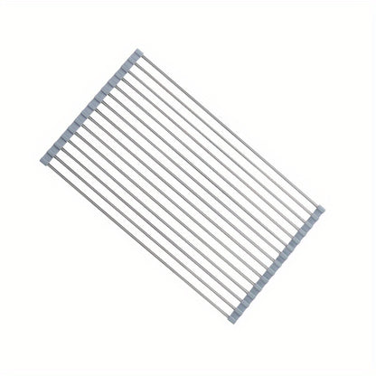 Roll-Up Dish Drying Rack, Stainless Steel Over-the-Sink Draining Mat in Black or Gray, Single-Piece Rollable Kitchen Rack for Tableware and Fruit