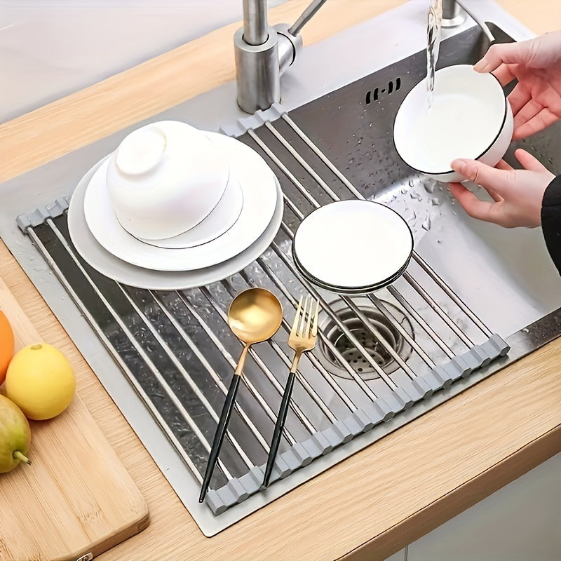 Roll-Up Dish Drying Rack, Stainless Steel Over-the-Sink Draining Mat in Black or Gray, Single-Piece Rollable Kitchen Rack for Tableware and Fruit