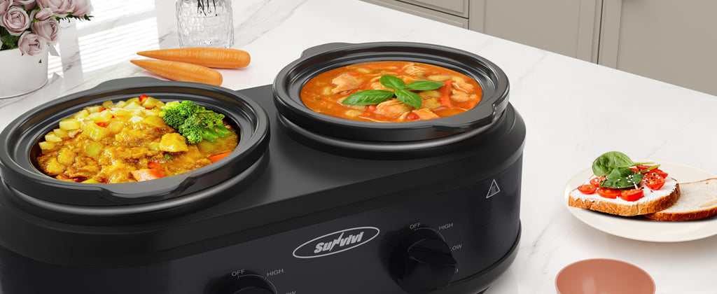 Dual Pot Slow Cooker by RoyalCraft with Two Listed 1.25QT Ceramic Pots, Adjustable Temperature Buffet Server and Warmer in Black, Silvery or Red for Home Hosting
