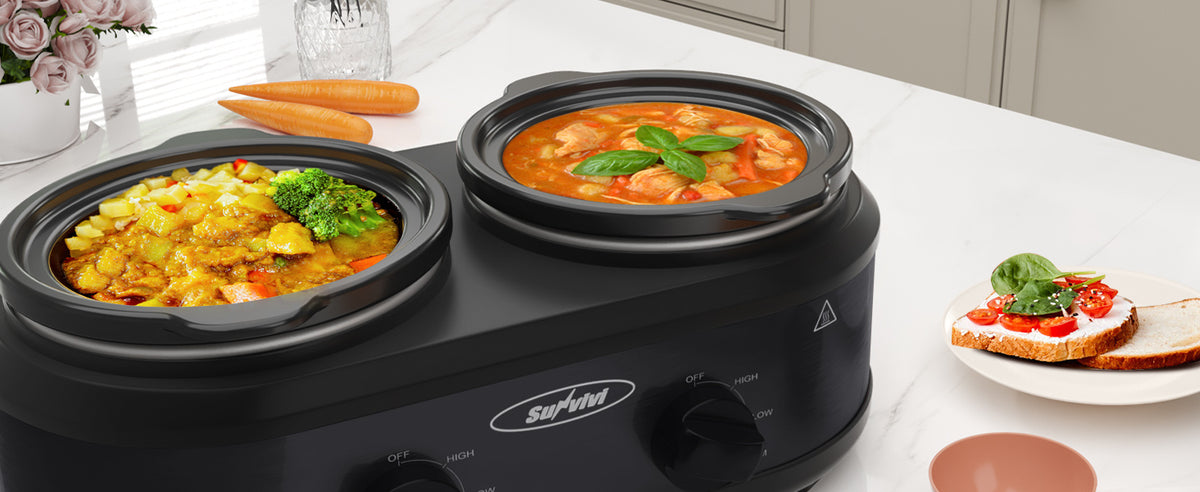 Dual Pot Slow Cooker by RoyalCraft with Two Listed 1.25QT Ceramic Pots, Adjustable Temperature Buffet Server and Warmer in Black, Silvery or Red for Home Hosting