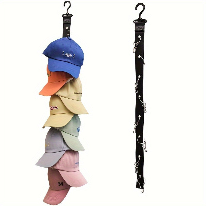 Eight-Clip Hat Organizer in Black with Stainless Steel Rack Reference, Wardrobe Storage Accessory for Baseball Caps, Summer Hats and Compatible Lightweight Clothing