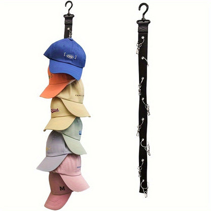 Eight-Clip Hat Organizer in Black with Stainless Steel Rack Reference, Wardrobe Storage Accessory for Baseball Caps, Summer Hats and Compatible Lightweight Clothing