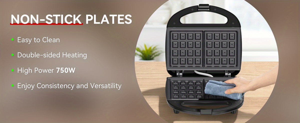 Two-Slice Belgian Waffle Maker with Listed 750W Power, Nonstick Waffle Iron and Indicator Lights, ABS07-W-Waffle Plates Model for Home Breakfasts and Snacks