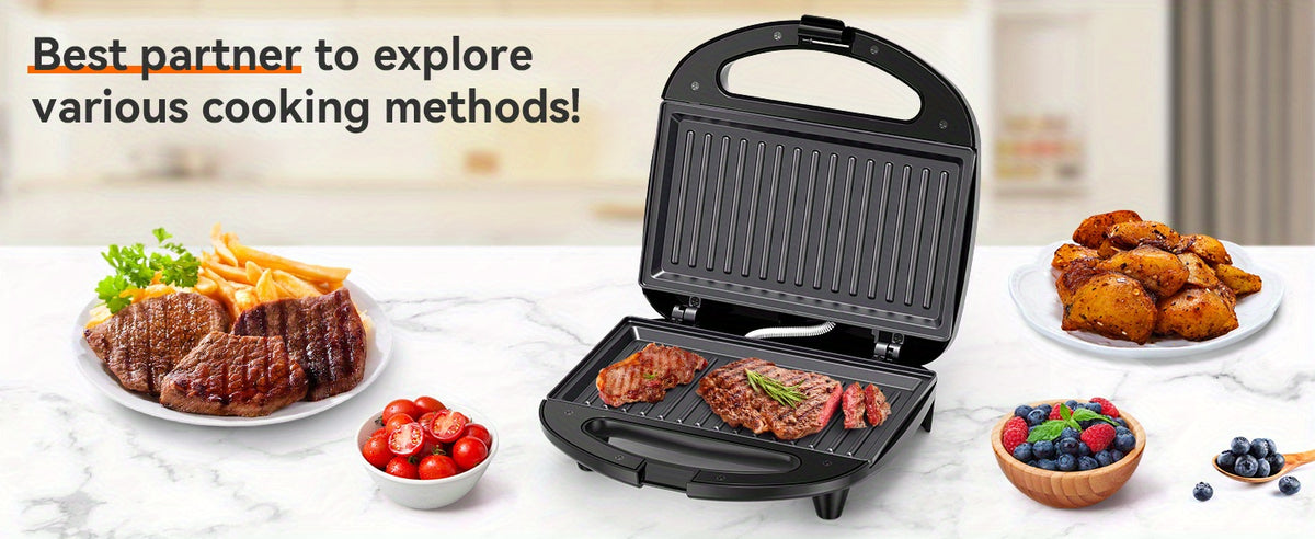 750W Sandwich Maker with Indicator Lights and Cool-Touch Handle, ABS07 Grill-Plate or Waffle-Plate Model Options for Grilled Cheese and Home Breakfast Preparation