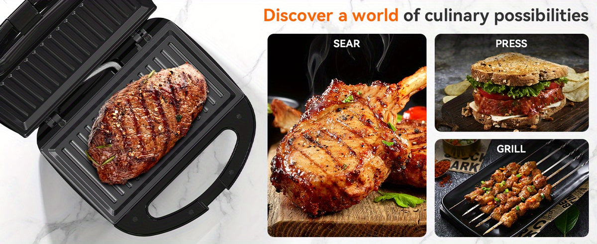 750W Sandwich Maker with Indicator Lights and Cool-Touch Handle, ABS07 Grill-Plate or Waffle-Plate Model Options for Grilled Cheese and Home Breakfast Preparation