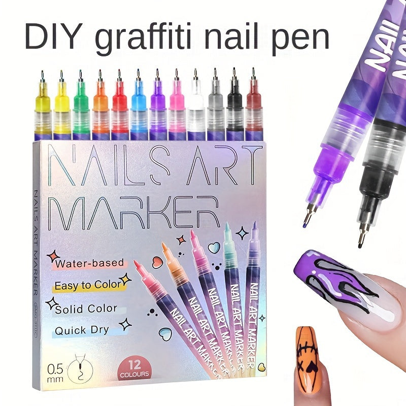 12-Color Nail Doodle Pen Set with Nail Art Practice Card, Quick-Drying Manicure Markers for Decorative Dots, Lines and Freehand Designs at Home or Salon
