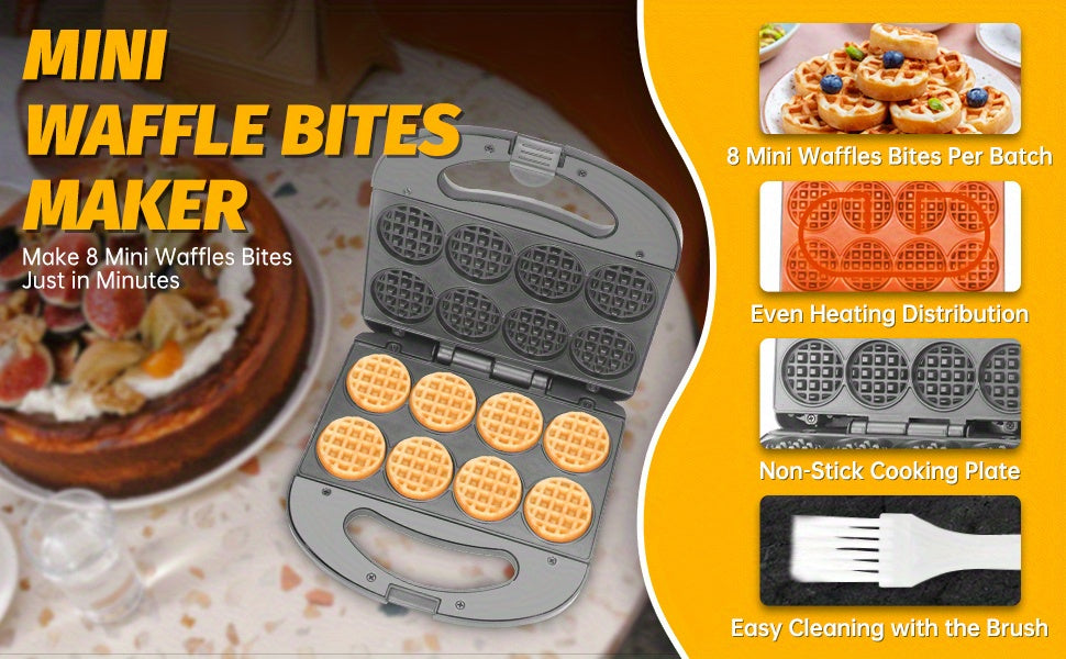 Eight-Bite Mini Waffle Maker with Nonstick Cooking Plates, ABS07-C Compact Desktop Waffle Iron for Listed 2-Inch Breakfast Bites, Snacks and Desserts