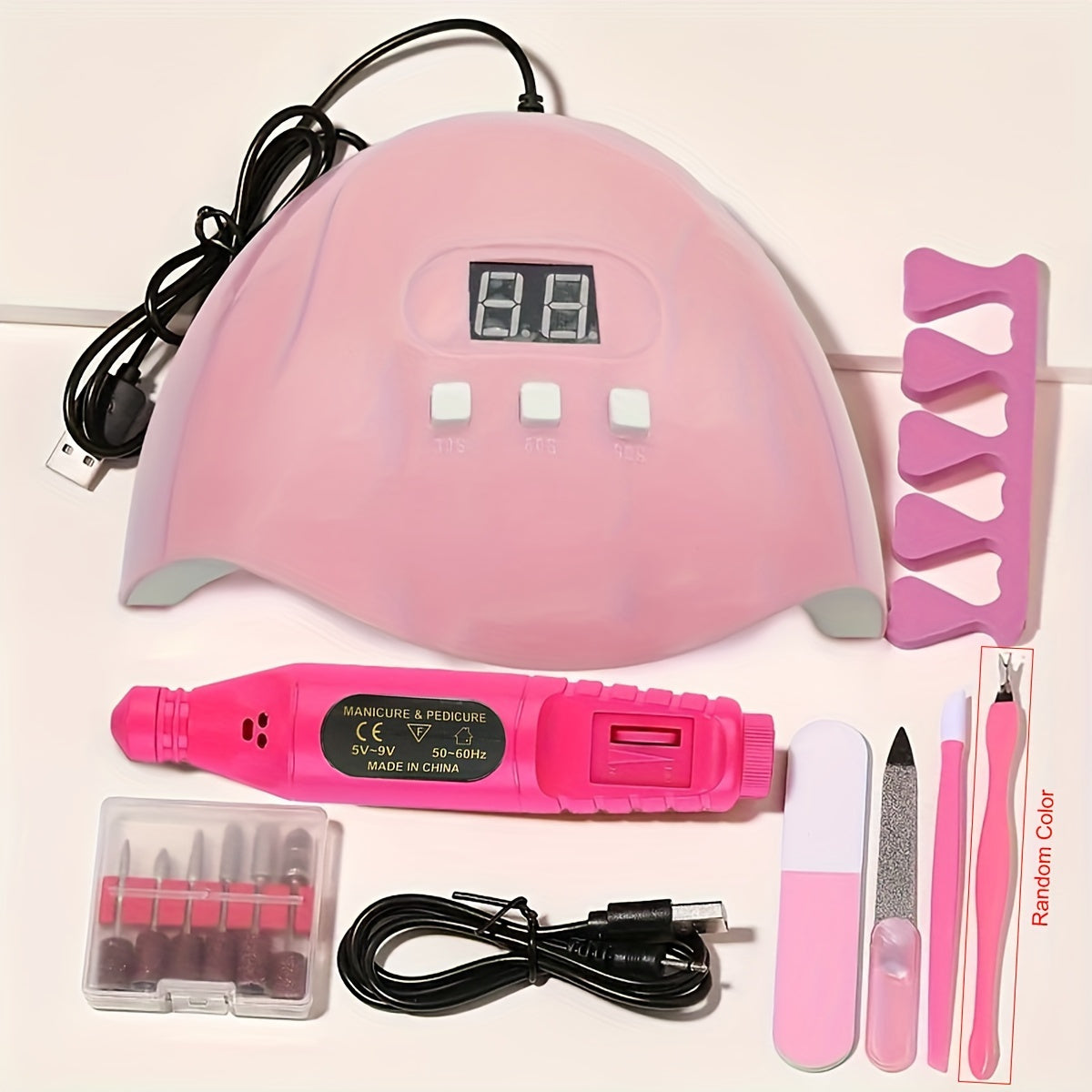 Nail Art Tool Set, Seven-in-One Manicure Selection with Nail Lamp, Cuticle Fork, Pusher and Finger Divider References for Adult Personal Nail Care