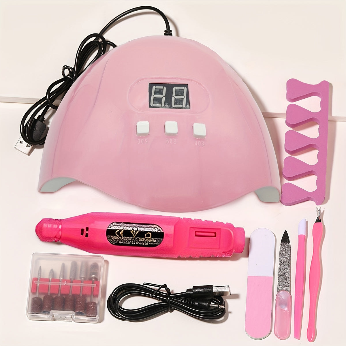 Nail Art Tool Set, Seven-in-One Manicure Selection with Nail Lamp, Cuticle Fork, Pusher and Finger Divider References for Adult Personal Nail Care