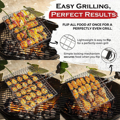 Barbecue Turning Basket for Meat, Steak, Shrimp and Vegetables, Single Metal Grill Accessory for Backyard Cookouts, Picnic Meals and Camping Cooking