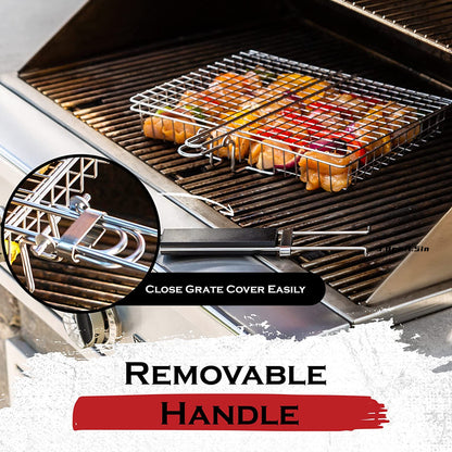 Barbecue Turning Basket for Meat, Steak, Shrimp and Vegetables, Single Metal Grill Accessory for Backyard Cookouts, Picnic Meals and Camping Cooking