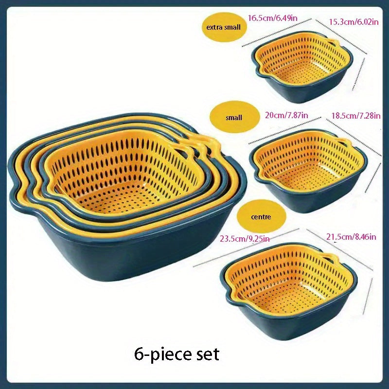 Double-Layer Vegetable Washing Basket with Reusable Plastic Strainer Design for Fruit Rinsing and Produce Draining, Kitchen Prep Organizer with 6SET Option