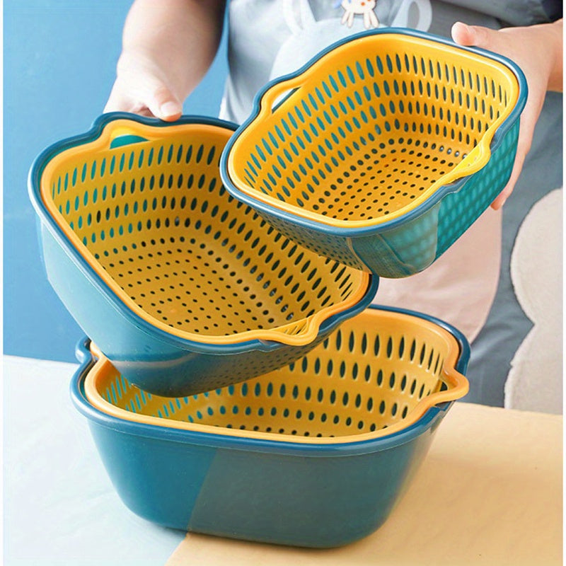 Double-Layer Vegetable Washing Basket with Reusable Plastic Strainer Design for Fruit Rinsing and Produce Draining, Kitchen Prep Organizer with 6SET Option