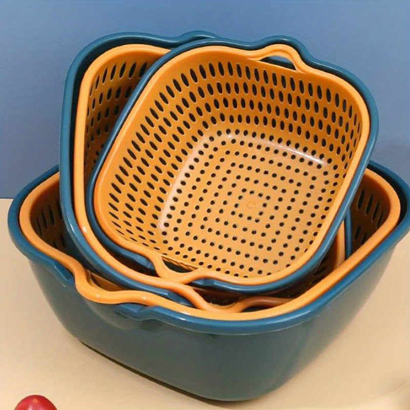 Double-Layer Vegetable Washing Basket with Reusable Plastic Strainer Design for Fruit Rinsing and Produce Draining, Kitchen Prep Organizer with 6SET Option