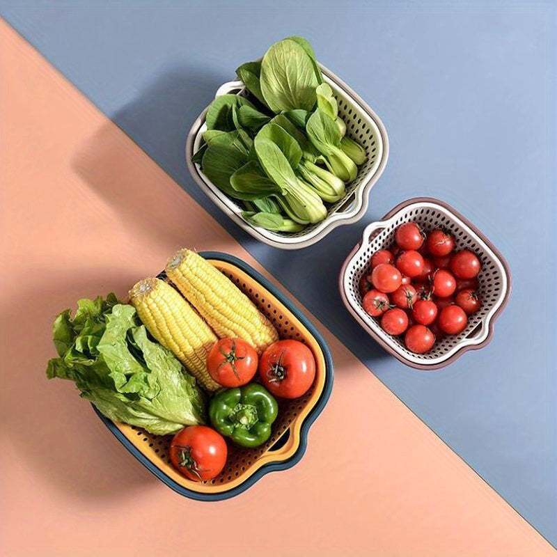 Double-Layer Vegetable Washing Basket with Reusable Plastic Strainer Design for Fruit Rinsing and Produce Draining, Kitchen Prep Organizer with 6SET Option