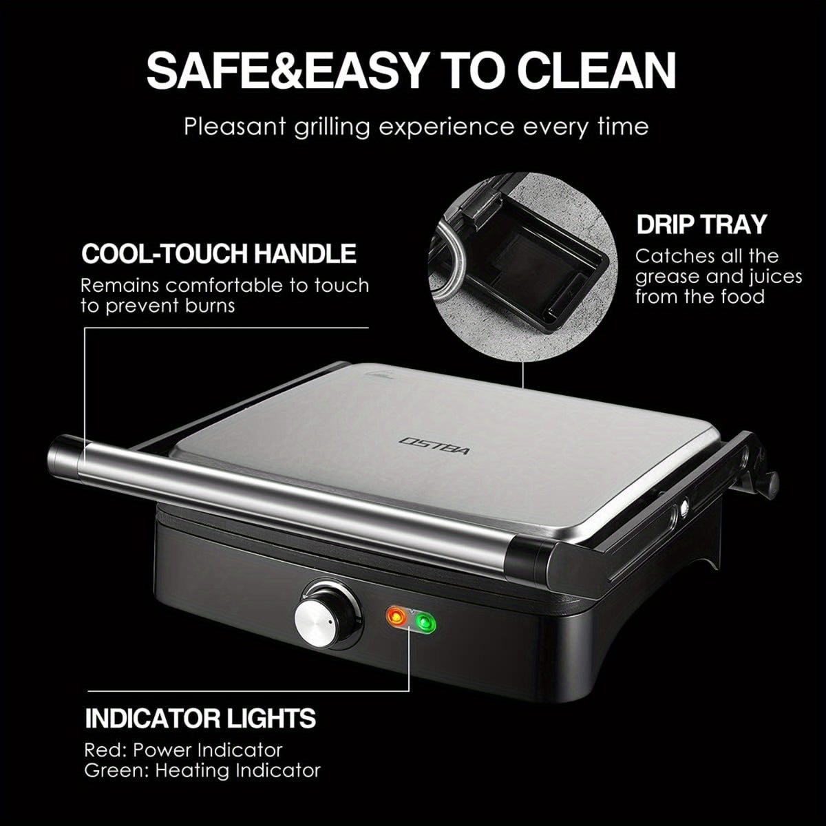 Temperature Control Panini Press Grill by OSTBA, 1200W Sandwich Maker with Nonstick Plates, 180-Degree Opening and Removable Drip Tray for Indoor Cooking
