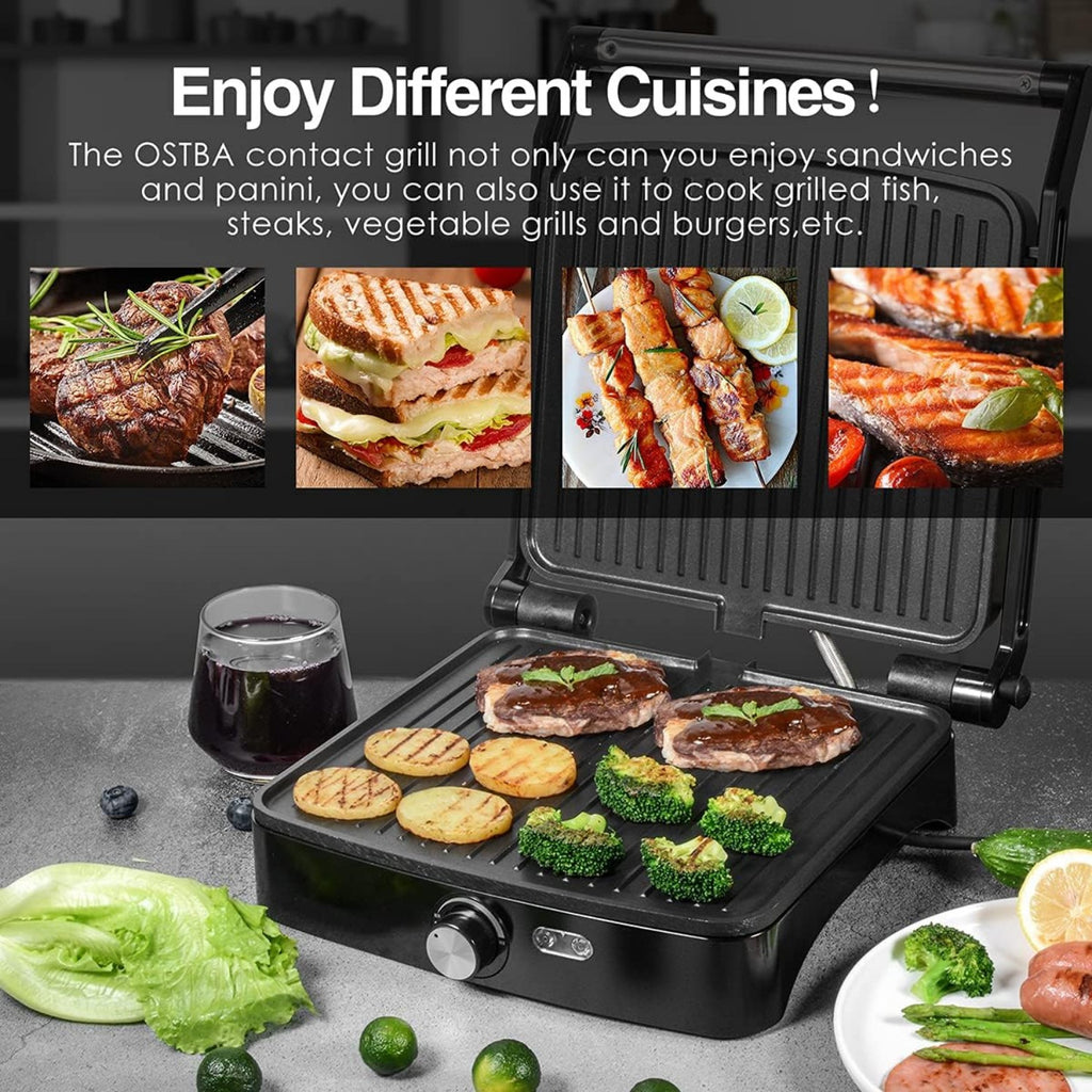 Temperature Control Panini Press Grill by OSTBA, 1200W Sandwich Maker with Nonstick Plates, 180-Degree Opening and Removable Drip Tray for Indoor Cooking