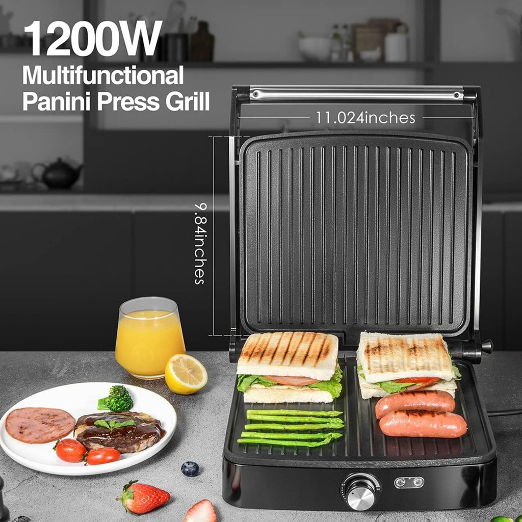 Temperature Control Panini Press Grill by OSTBA, 1200W Sandwich Maker with Nonstick Plates, 180-Degree Opening and Removable Drip Tray for Indoor Cooking