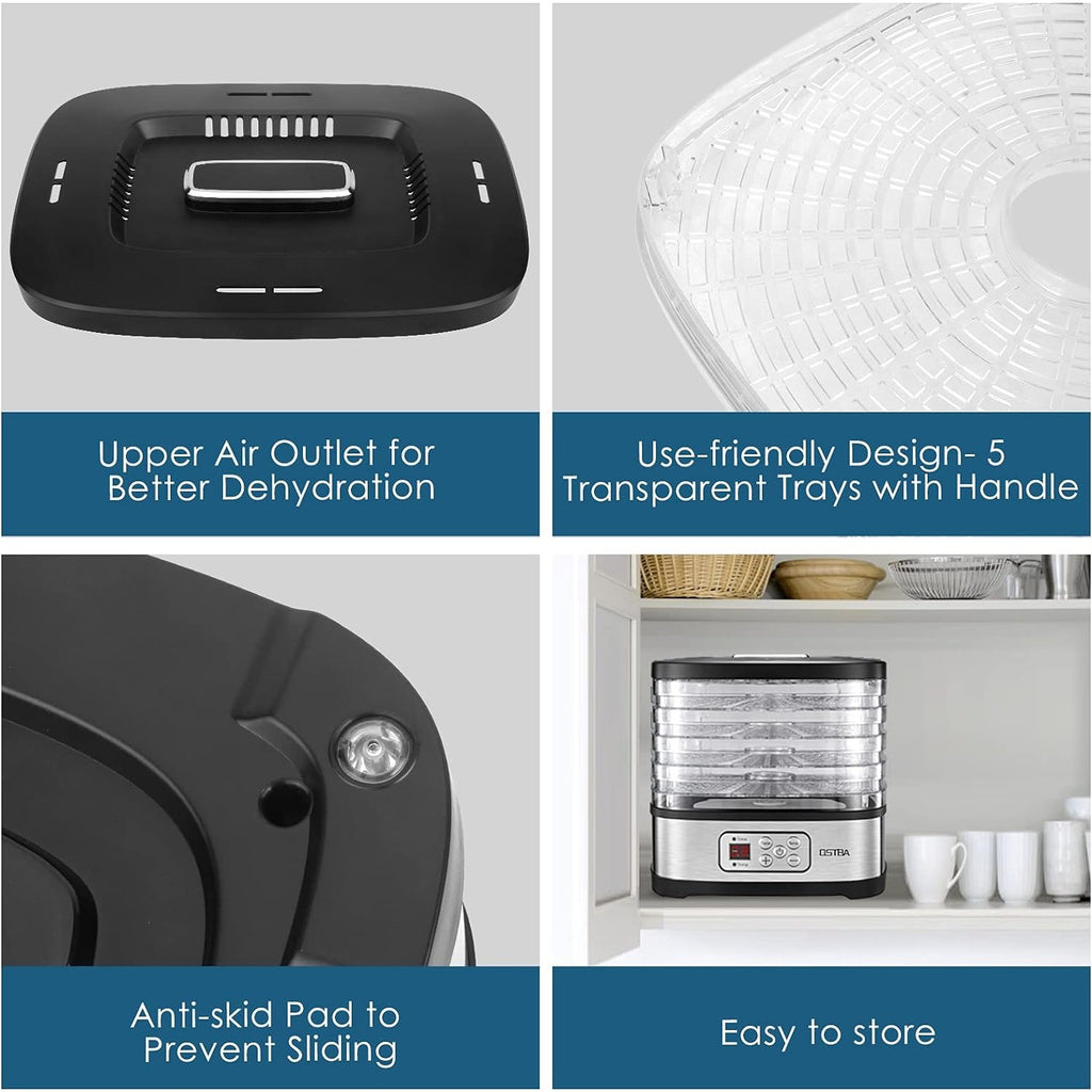 Digital Food Dehydrator by OSTBA with 5 BPA-Free Trays, 95–158°F Temperature Control and 72-Hour Timer for Fruit, Herbs and Homemade Snacks