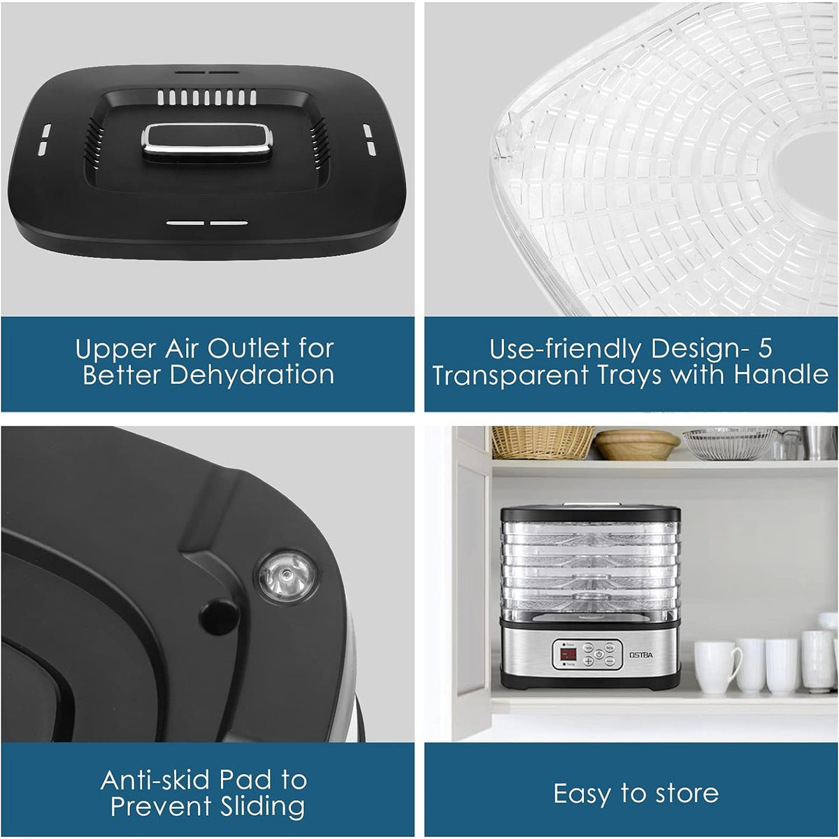 Digital Food Dehydrator by OSTBA with 5 BPA-Free Trays, 95–158°F Temperature Control and 72-Hour Timer for Fruit, Herbs and Homemade Snacks