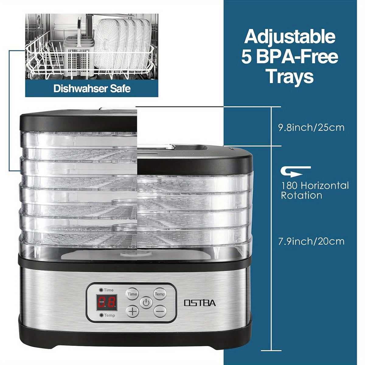 Digital Food Dehydrator by OSTBA with 5 BPA-Free Trays, 95–158°F Temperature Control and 72-Hour Timer for Fruit, Herbs and Homemade Snacks
