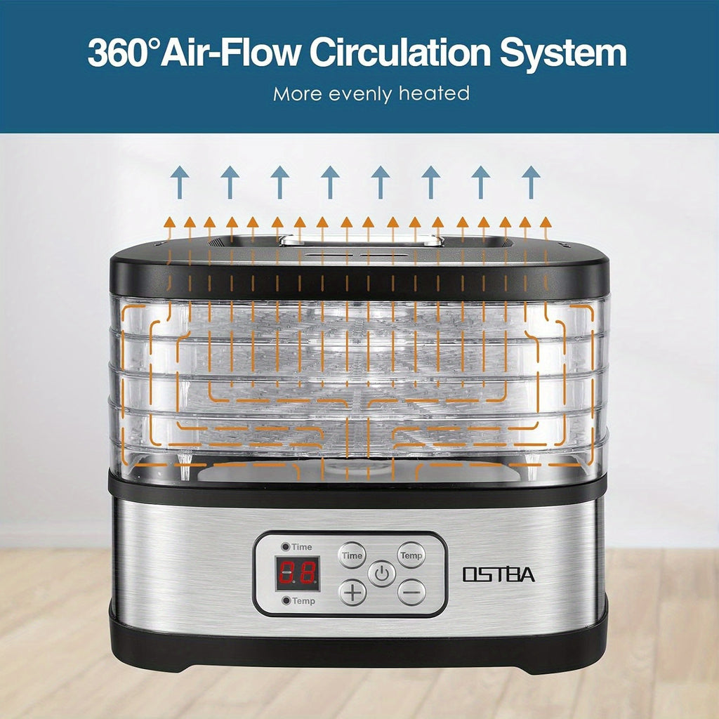 Digital Food Dehydrator by OSTBA with 5 BPA-Free Trays, 95–158°F Temperature Control and 72-Hour Timer for Fruit, Herbs and Homemade Snacks
