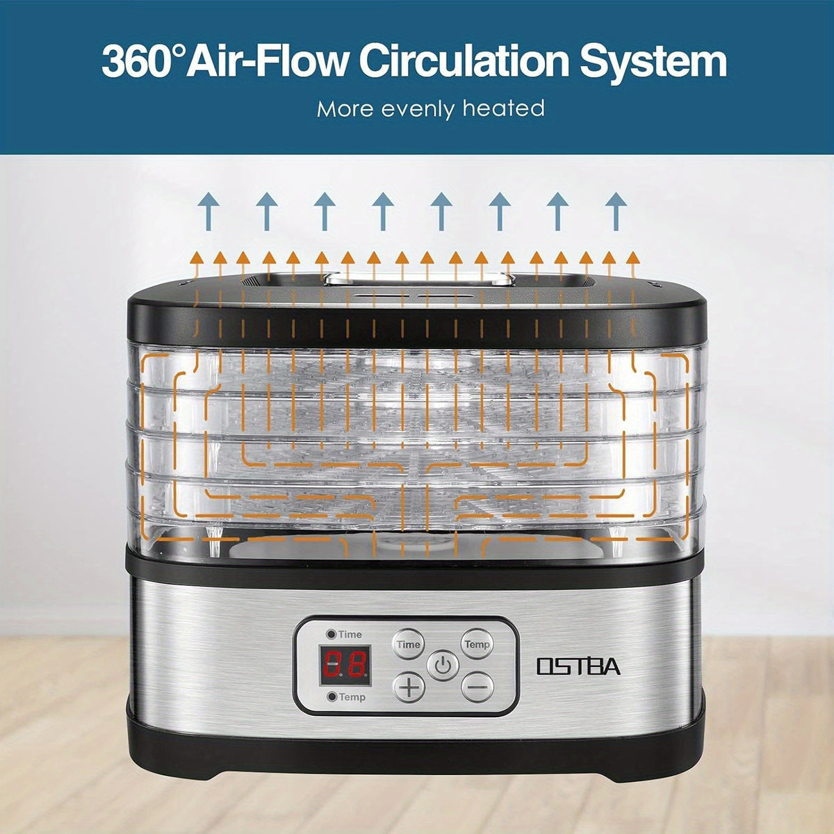 Digital Food Dehydrator by OSTBA with 5 BPA-Free Trays, 95–158°F Temperature Control and 72-Hour Timer for Fruit, Herbs and Homemade Snacks