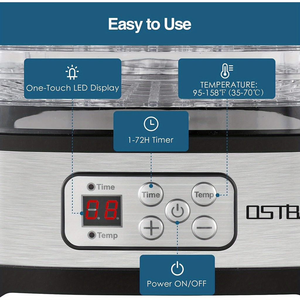 Digital Food Dehydrator by OSTBA with 5 BPA-Free Trays, 95–158°F Temperature Control and 72-Hour Timer for Fruit, Herbs and Homemade Snacks