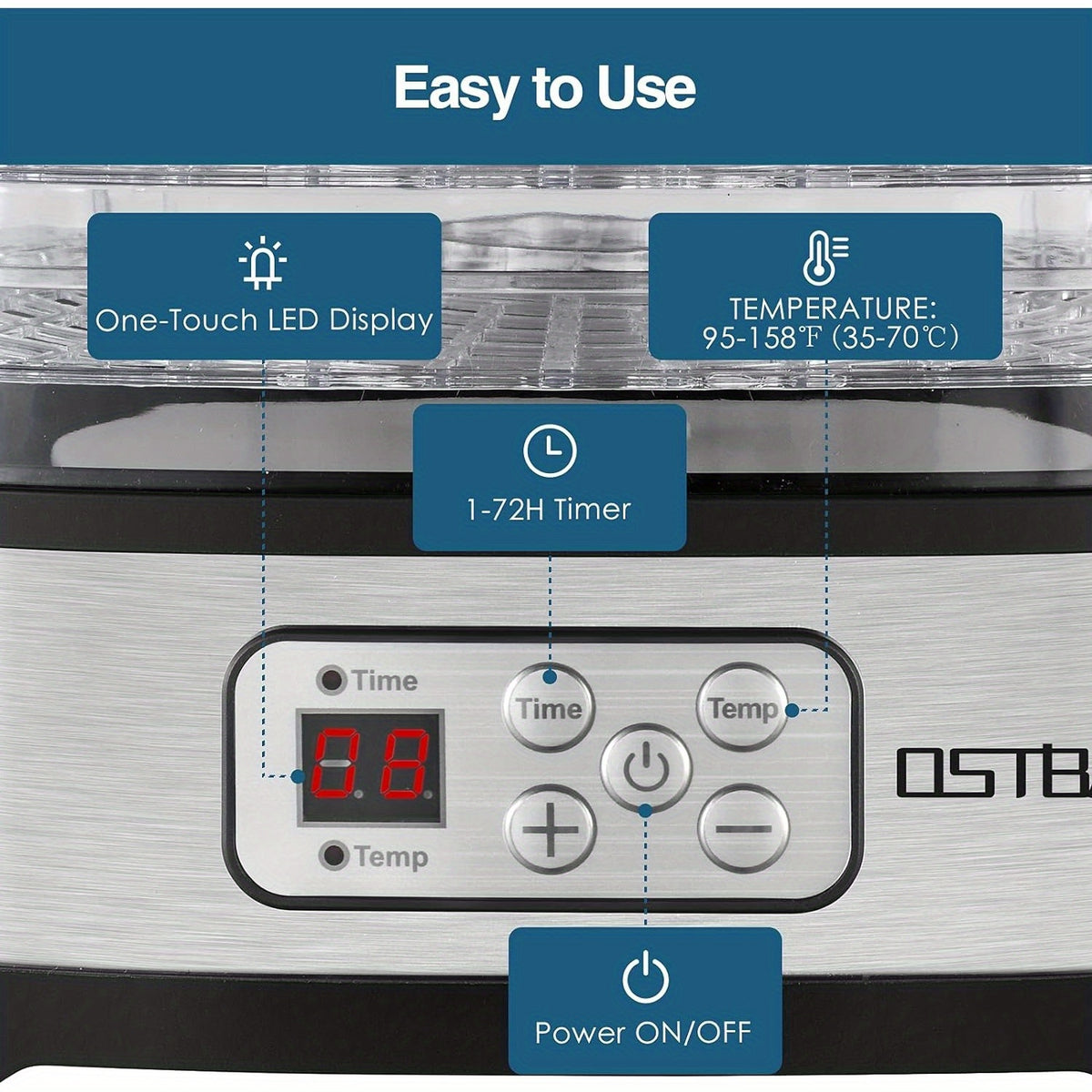 Digital Food Dehydrator by OSTBA with 5 BPA-Free Trays, 95–158°F Temperature Control and 72-Hour Timer for Fruit, Herbs and Homemade Snacks