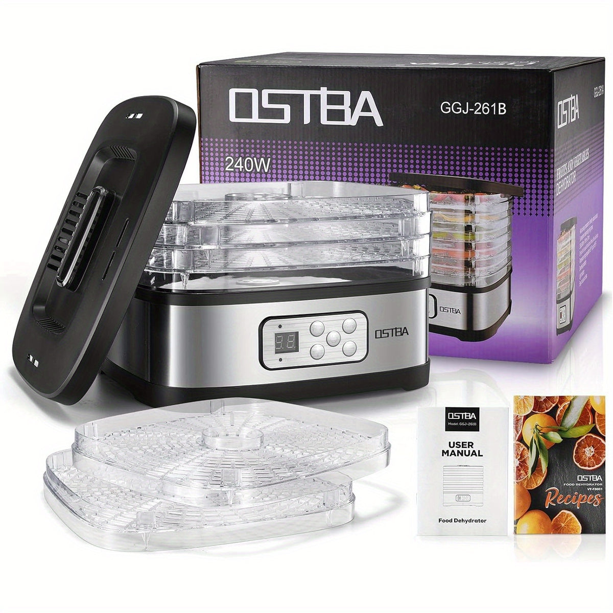 Digital Food Dehydrator by OSTBA with 5 BPA-Free Trays, 95–158°F Temperature Control and 72-Hour Timer for Fruit, Herbs and Homemade Snacks