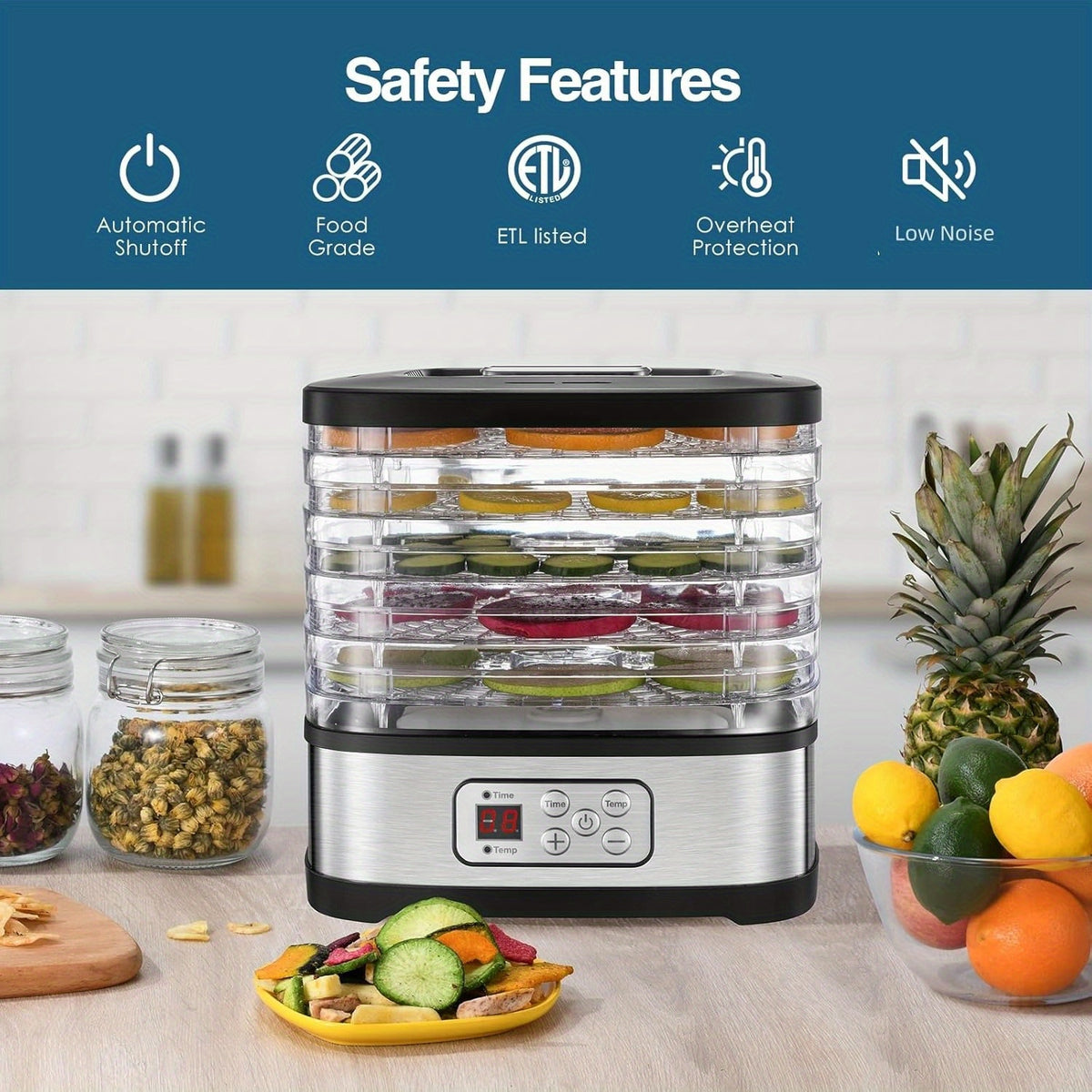 Digital Food Dehydrator by OSTBA with 5 BPA-Free Trays, 95–158°F Temperature Control and 72-Hour Timer for Fruit, Herbs and Homemade Snacks