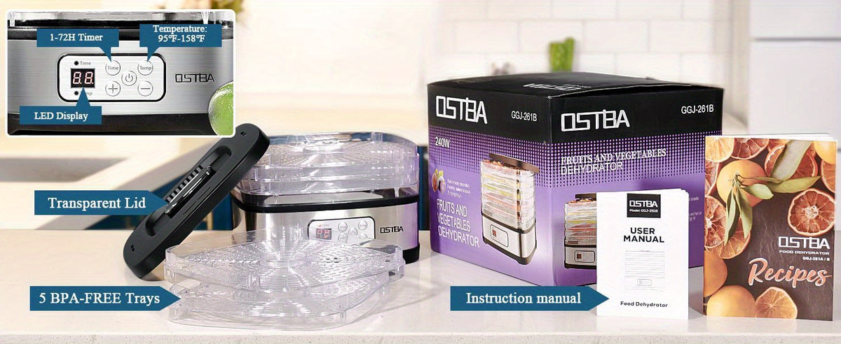 Digital Food Dehydrator by OSTBA with 5 BPA-Free Trays, 95–158°F Temperature Control and 72-Hour Timer for Fruit, Herbs and Homemade Snacks