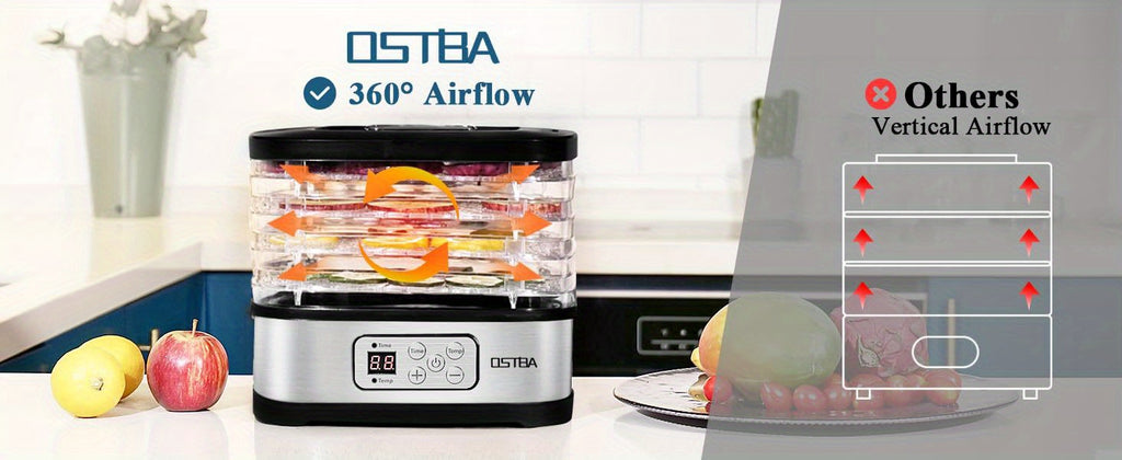 Digital Food Dehydrator by OSTBA with 5 BPA-Free Trays, 95–158°F Temperature Control and 72-Hour Timer for Fruit, Herbs and Homemade Snacks