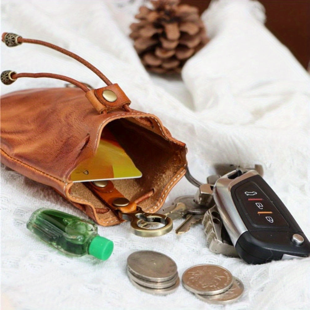 Drawstring Coin Pouch for Men and Women, Single Leather-Referenced Change Bag in Brown-1, Black- or Coffee for Everyday Essentials and Valentine's Day Gift Ideas