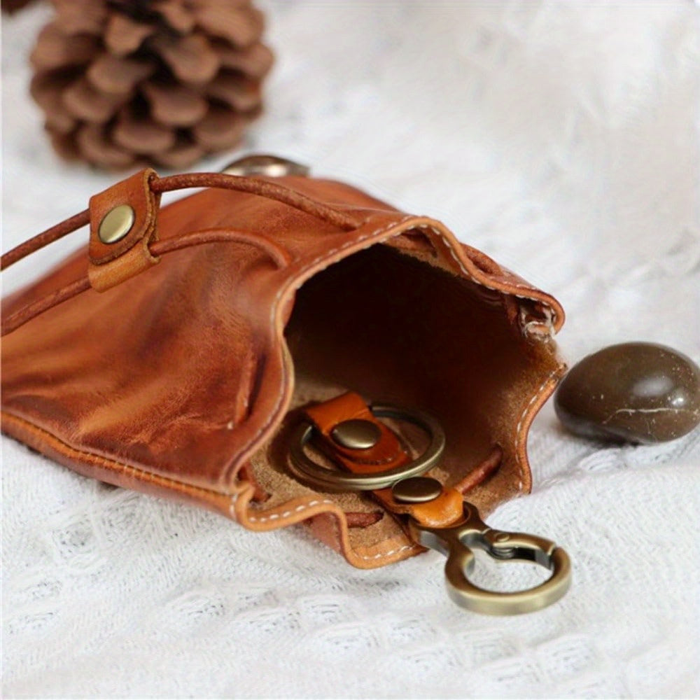 Drawstring Coin Pouch for Men and Women, Single Leather-Referenced Change Bag in Brown-1, Black- or Coffee for Everyday Essentials and Valentine's Day Gift Ideas