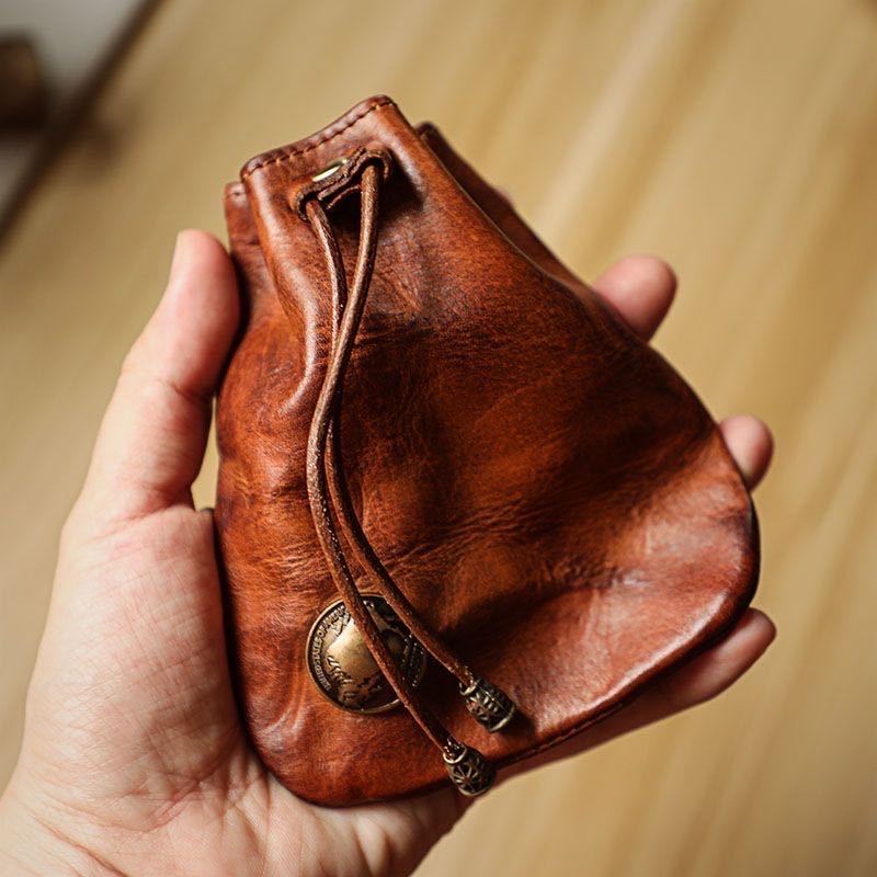 Drawstring Coin Pouch for Men and Women, Single Leather-Referenced Change Bag in Brown-1, Black- or Coffee for Everyday Essentials and Valentine's Day Gift Ideas