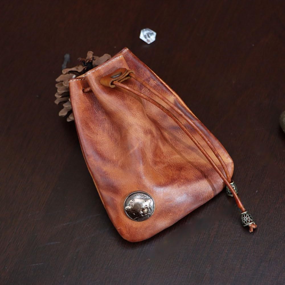 Drawstring Coin Pouch for Men and Women, Single Leather-Referenced Change Bag in Brown-1, Black- or Coffee for Everyday Essentials and Valentine's Day Gift Ideas