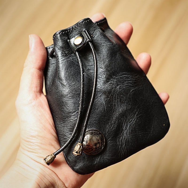 Drawstring Coin Pouch for Men and Women, Single Leather-Referenced Change Bag in Brown-1, Black- or Coffee for Everyday Essentials and Valentine's Day Gift Ideas
