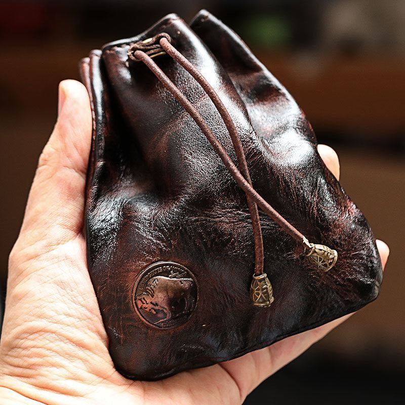 Drawstring Coin Pouch for Men and Women, Single Leather-Referenced Change Bag in Brown-1, Black- or Coffee for Everyday Essentials and Valentine's Day Gift Ideas