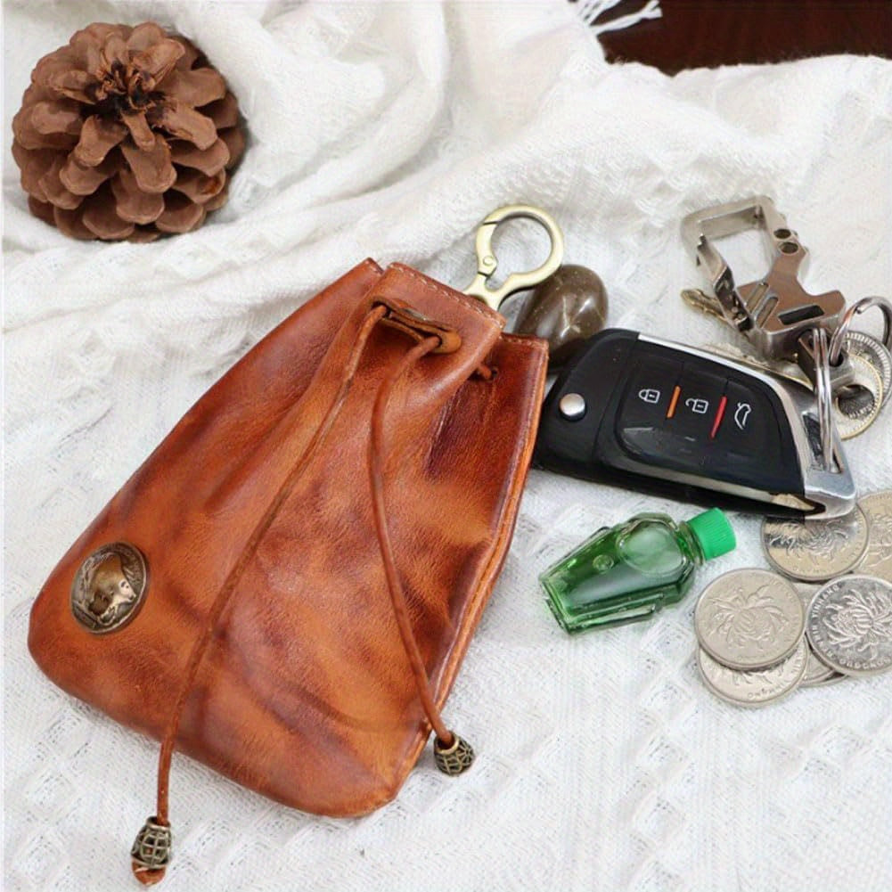 Drawstring Coin Pouch for Men and Women, Single Leather-Referenced Change Bag in Brown-1, Black- or Coffee for Everyday Essentials and Valentine's Day Gift Ideas