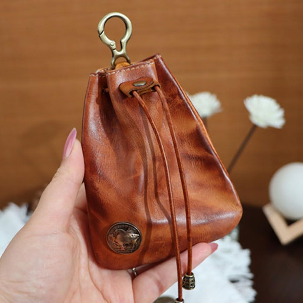 Drawstring Coin Pouch for Men and Women, Single Leather-Referenced Change Bag in Brown-1, Black- or Coffee for Everyday Essentials and Valentine's Day Gift Ideas
